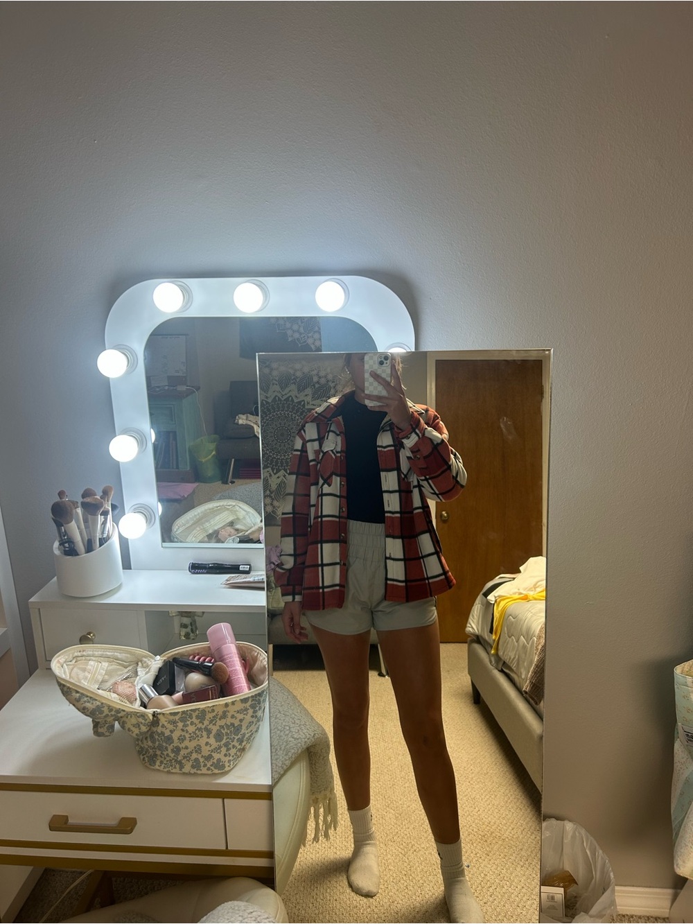 Red and White Plaid Shacket - Casual Button-Up Jacket